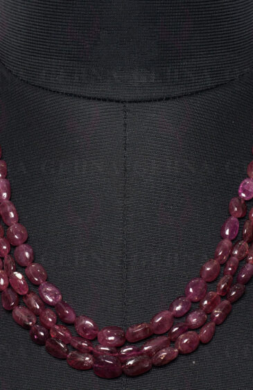3 Rows of Pink Tourmaline Gemstone Oval Shaped Necklace NS-1485