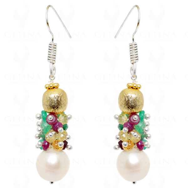 Pearl, Emerald, Ruby Sapphire Earrings In 24K Gold Coated .925 Silver ES-1503