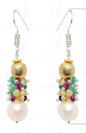 Pearl, Emerald, Ruby Sapphire Earrings In 24K Gold Coated .925 Silver ES-1503
