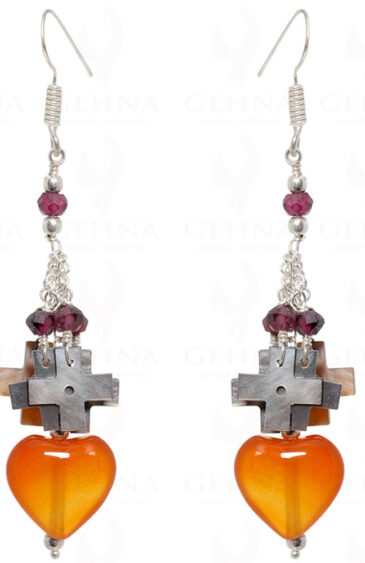 Mop, Garnet & Hot Carnelian Heart Shape Beads Earrings In .925 Silver ES-1513