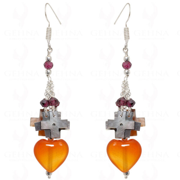 Mop, Garnet & Hot Carnelian Heart Shape Beads Earrings In .925 Silver ES-1513