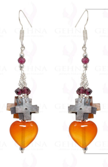Mop, Garnet & Hot Carnelian Heart Shape Beads Earrings In .925 Silver ES-1513