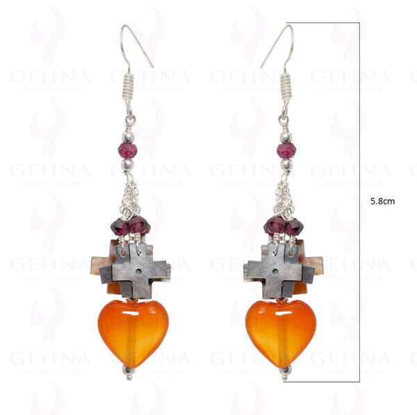 Mop, Garnet & Hot Carnelian Heart Shape Beads Earrings In .925 Silver ES-1513