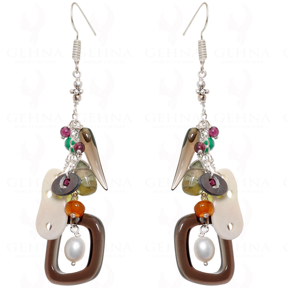 Multi Color Gemstone & Mop Hanging Earrings Made In .925 Sterling Silver ES-1514