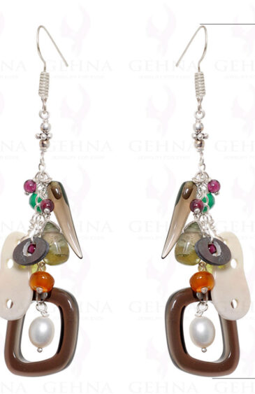 Multi Color Gemstone & Mop Hanging Earrings Made In .925 Sterling Silver ES-1514