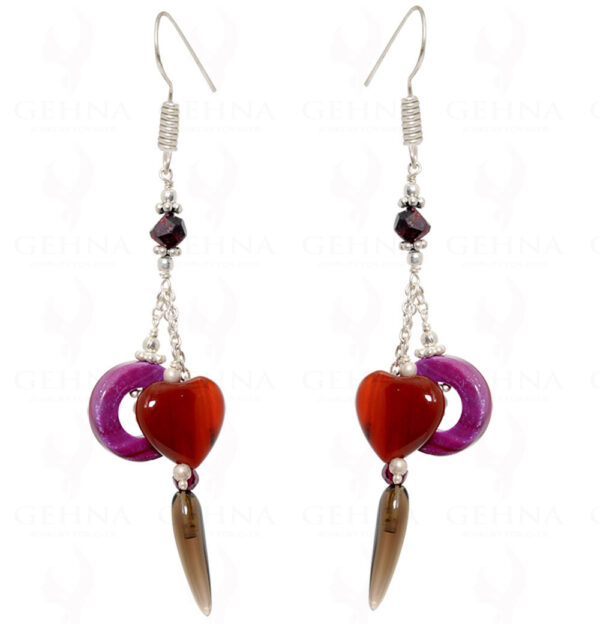 Smoky, Ruby Round Carving & Carnelian Heart Shaped Earrings In Silver ES-1521