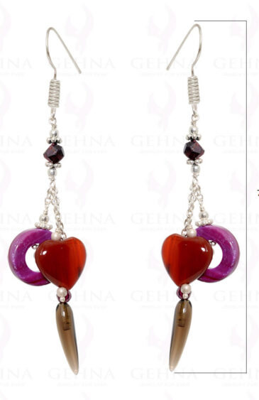 Smoky, Ruby Round Carving & Carnelian Heart Shaped Earrings In Silver ES-1521
