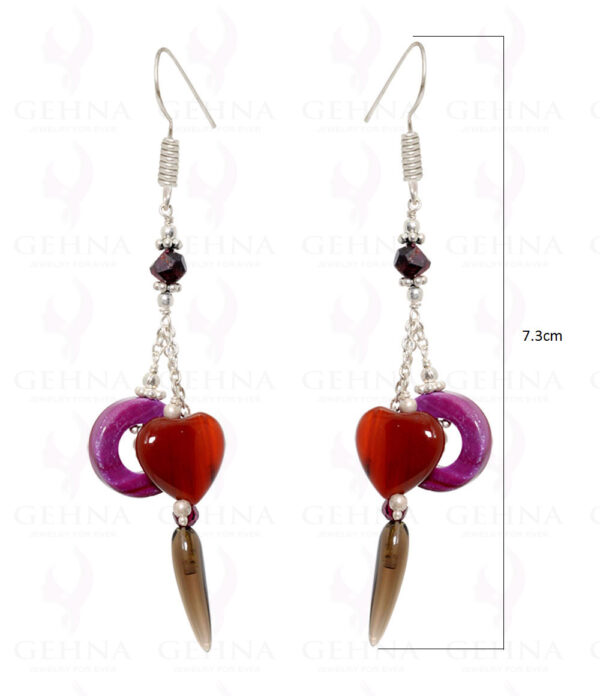 Smoky, Ruby Round Carving & Carnelian Heart Shaped Earrings In Silver ES-1521