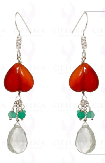 Onyx Rock-Crystal & Carnelian Heart Shape Beads Earring In .925 Silver ES-1523