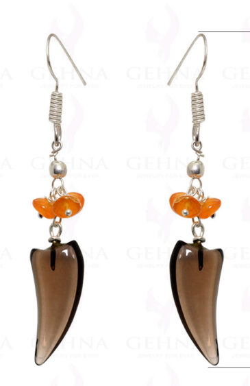 Smoky Quartz & Carnelian Gemstone Beads Earring In .925 Sterling Silver ES-1524