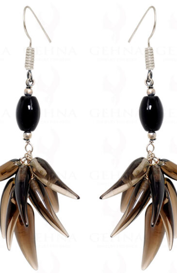 Black Spinel & Smoky Quartz Gemstone Fancy Shape Beads Danglers In Silver ES-1529