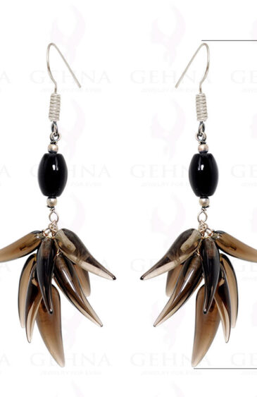 Black Spinel & Smoky Quartz Gemstone Fancy Shape Beads Danglers In Silver ES-1529