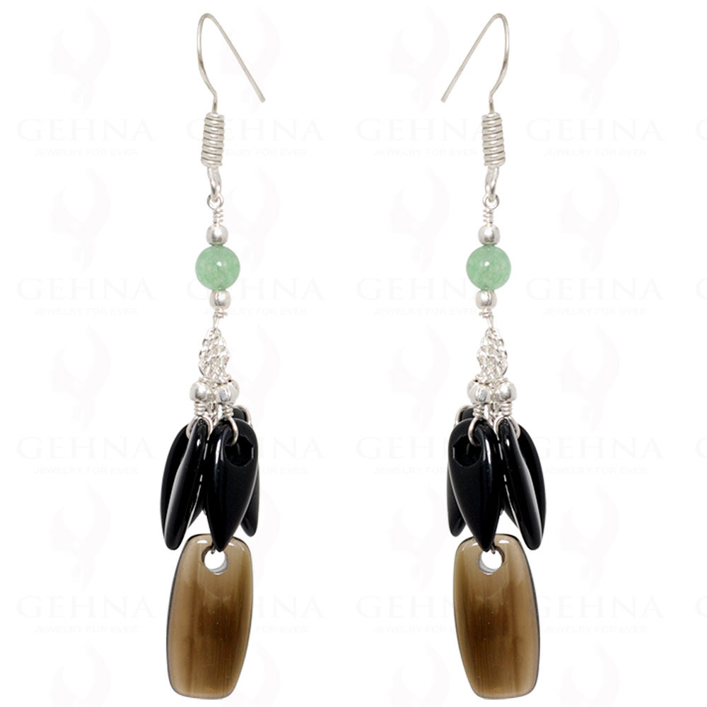 Green Jade, Black Onyx & Smoky Gemstone Bead Earrings In 925 Silver ES-1530