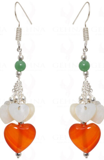 Carnelian Heart Shape & Green Jade Bead Earrings In .925 Sterling Silver ES-1532