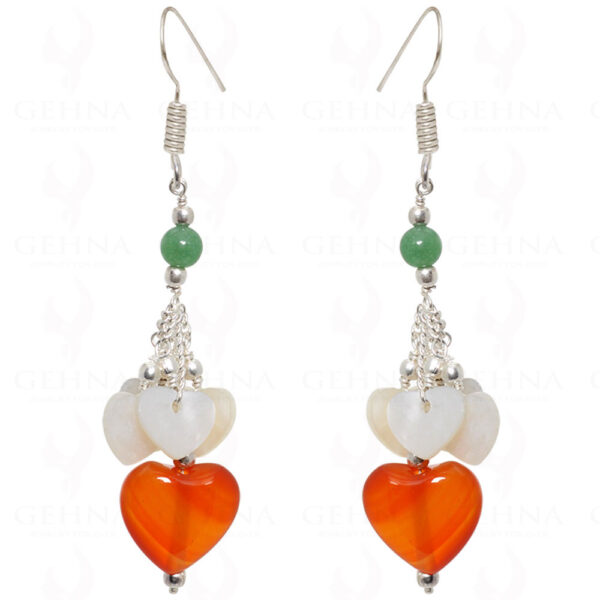 Carnelian Heart Shape & Green Jade Bead Earrings In .925 Sterling Silver ES-1532