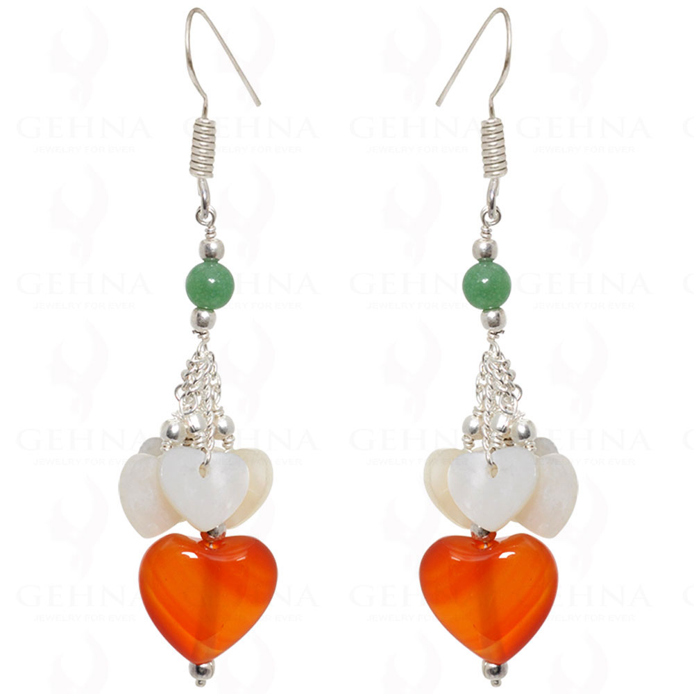 Carnelian Heart Shape & Green Jade Bead Earrings In .925 Sterling Silver ES-1532