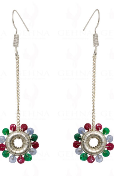 Emerald Ruby Sapphire Gemstone Fourtune Wheel Shape Earrings In Silver ES-1535