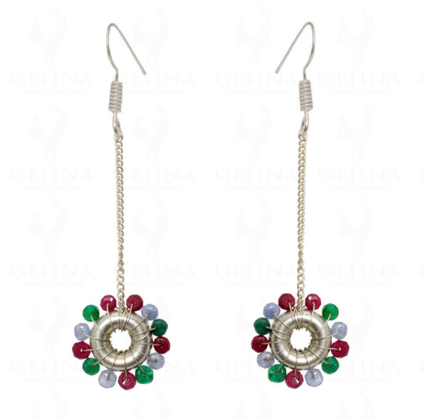 Emerald Ruby Sapphire Gemstone Fourtune Wheel Shape Earrings In Silver ES-1535