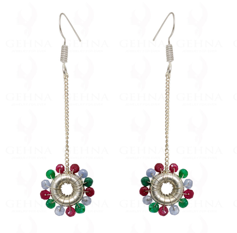 Emerald Ruby Sapphire Gemstone Fourtune Wheel Shape Earrings In Silver ES-1535