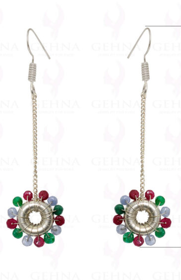 Emerald Ruby Sapphire Gemstone Fourtune Wheel Shape Earrings In Silver ES-1535