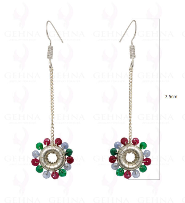 Emerald Ruby Sapphire Gemstone Fourtune Wheel Shape Earrings In Silver ES-1535