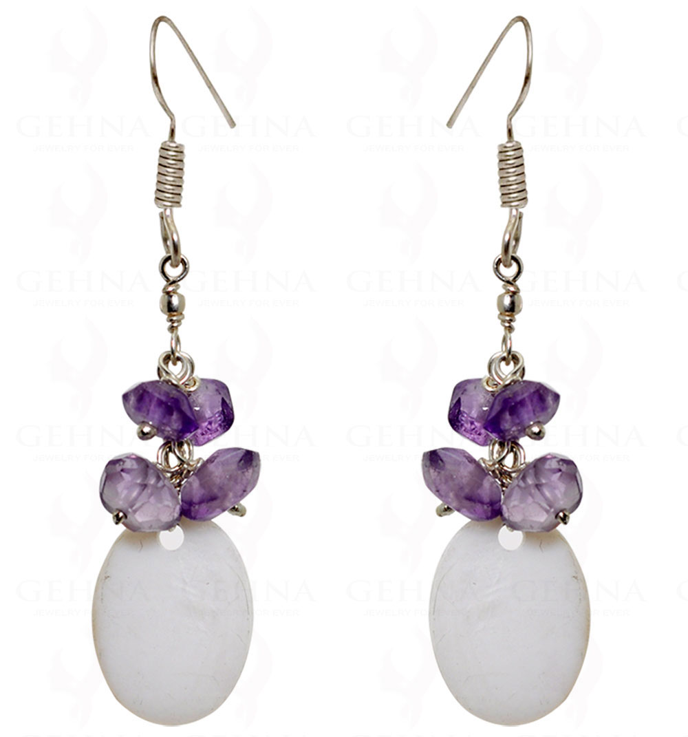 Mother Of Pearl & Natural Amethyst Gemstone Beads Earrings In .925 Silver ES-1537