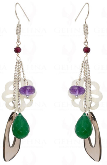 Smoky, Onyx , Amethyst & Mother Of Pearl Earrings In .925 Silver ES-1541