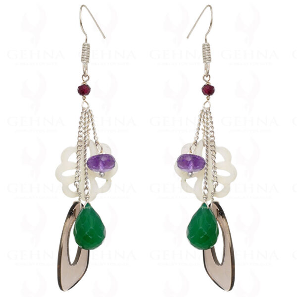 Smoky, Onyx , Amethyst & Mother Of Pearl Earrings In .925 Silver ES-1541