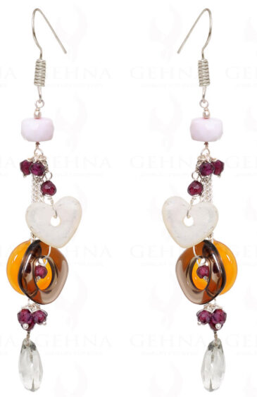 Red Garnet, Rock-Crystal, Smoky & Carnelian Gemstone Earrings In Silver ES-1548