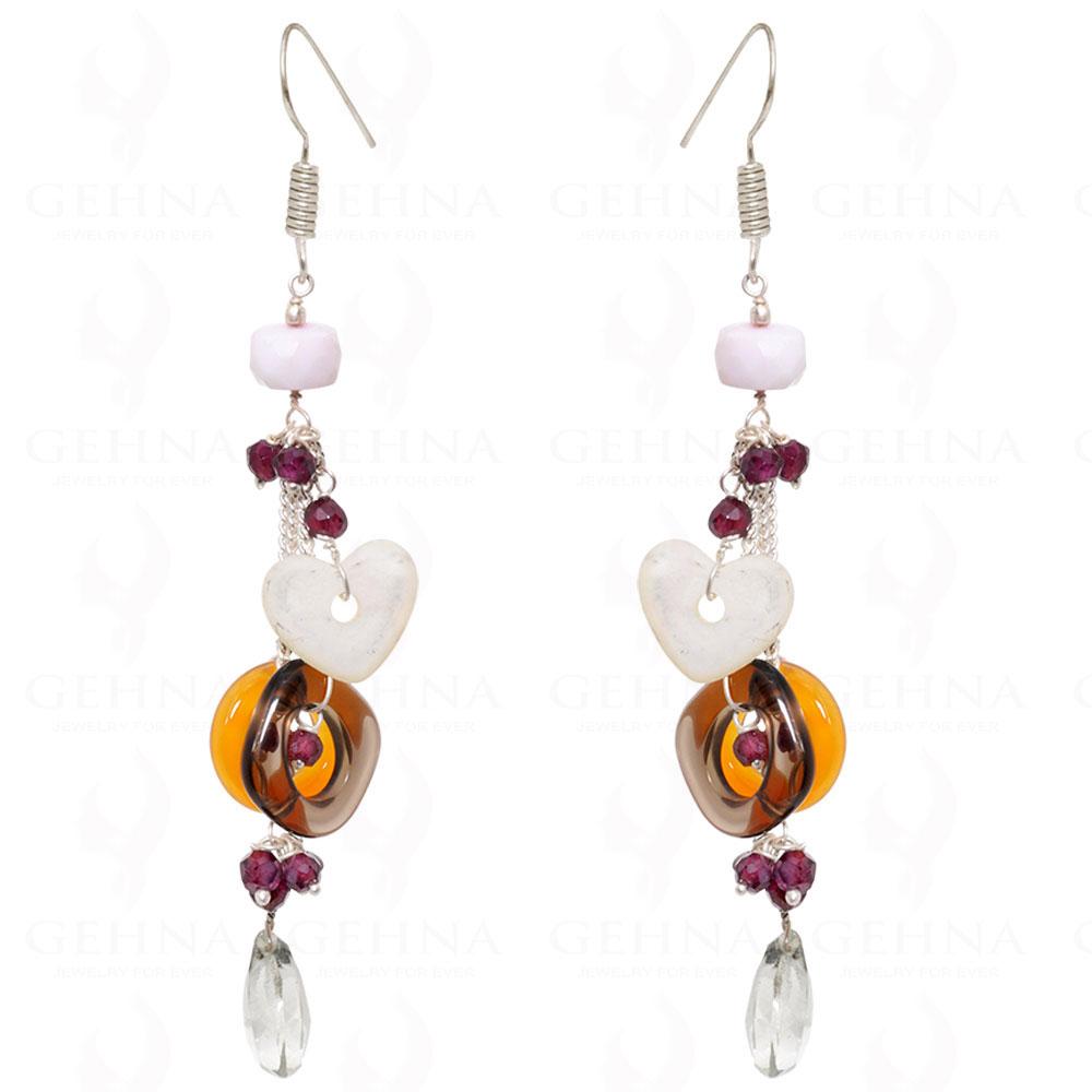 Red Garnet, Rock-Crystal, Smoky & Carnelian Gemstone Earrings In Silver ES-1548