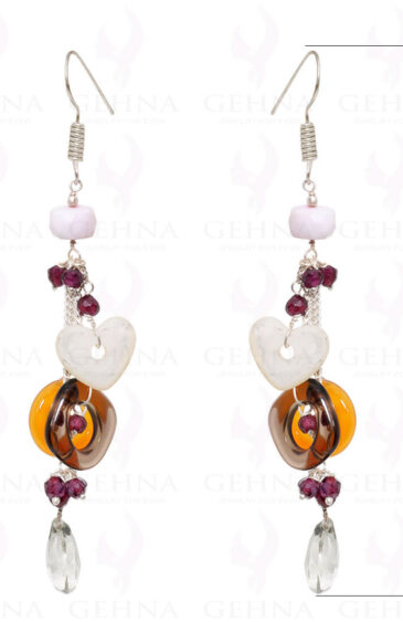 Red Garnet, Rock-Crystal, Smoky & Carnelian Gemstone Earrings In Silver ES-1548