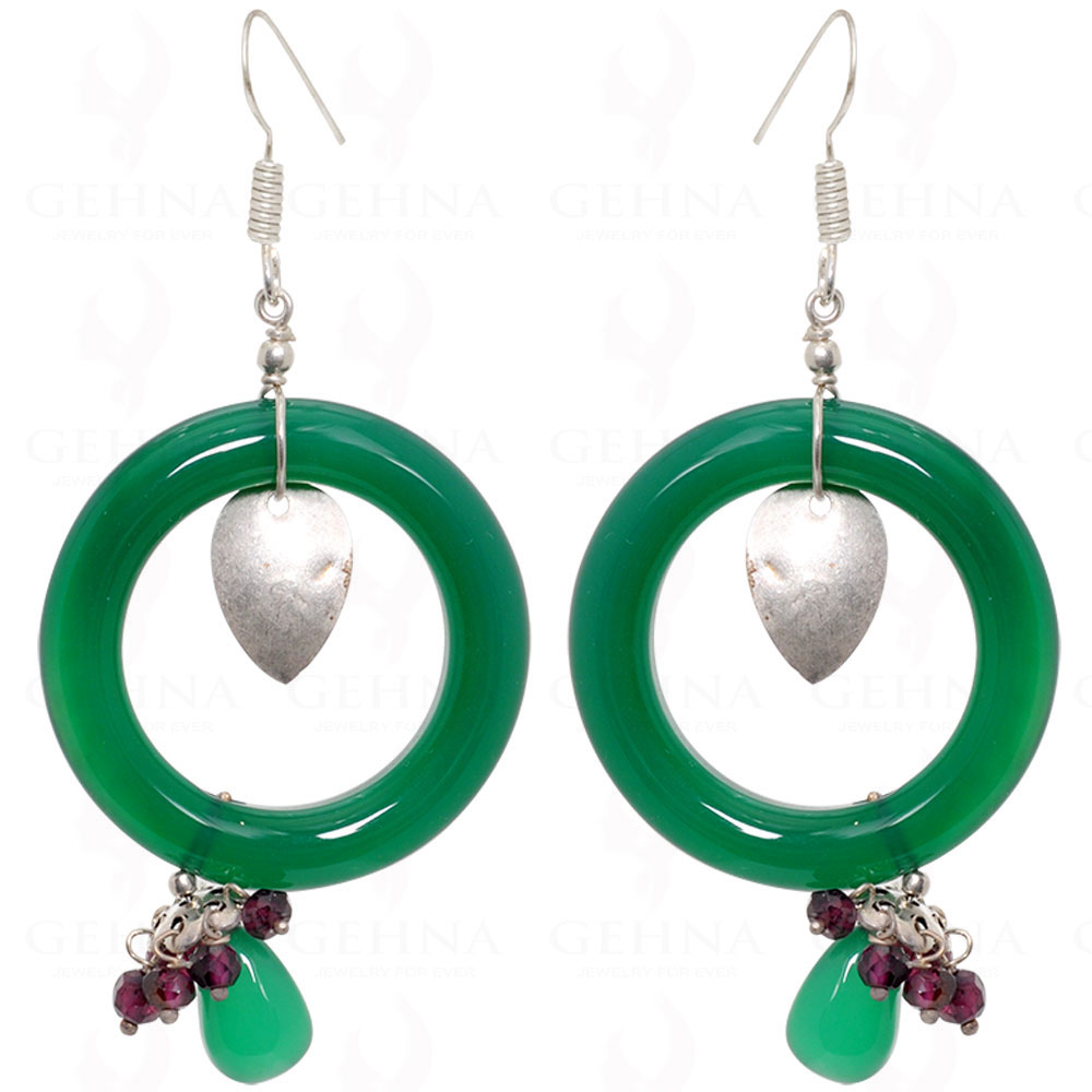 Good Fortune Symbol Green Jade & Garnet Earrings In .925 Sterling Silver ES-1550