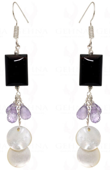 Black Spinel, Amethyst & Mother Of Pearl Gemstone Earrings In .925 Silver ES-1551