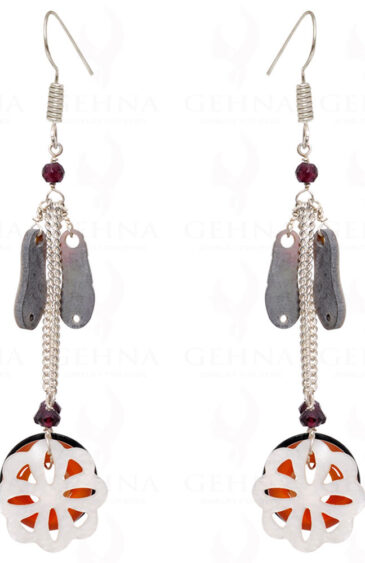 Black Spinel, Carnelian , Garnet & Mop Carving Earrings In .925 Silver ES-1556