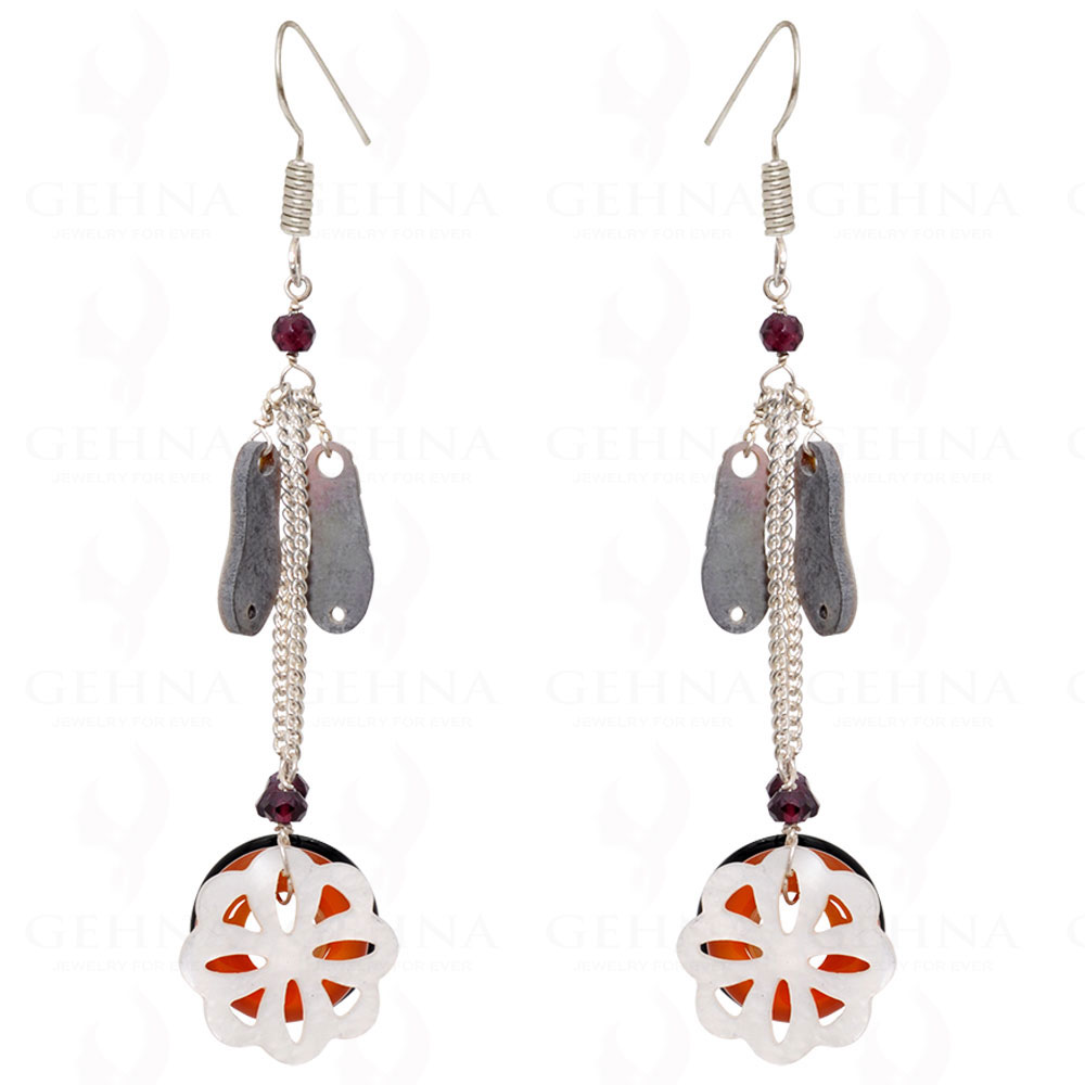 Black Spinel, Carnelian , Garnet & Mop Carving Earrings In .925 Silver ES-1556