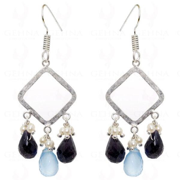 Black Spinel & Blue Chalcedony Faceted Drop Shaped Earring In .925 Silver ES-1559