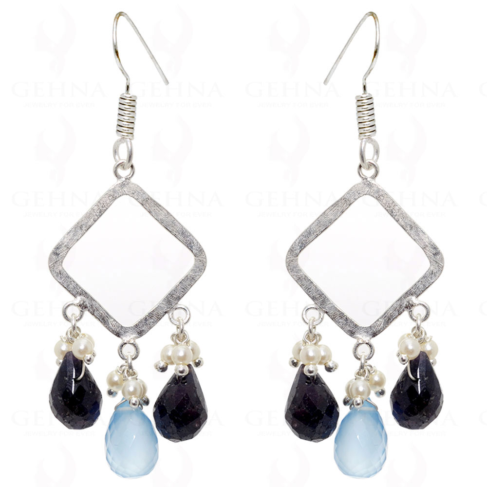 Black Spinel & Blue Chalcedony Faceted Drop Shaped Earring In .925 Silver ES-1559