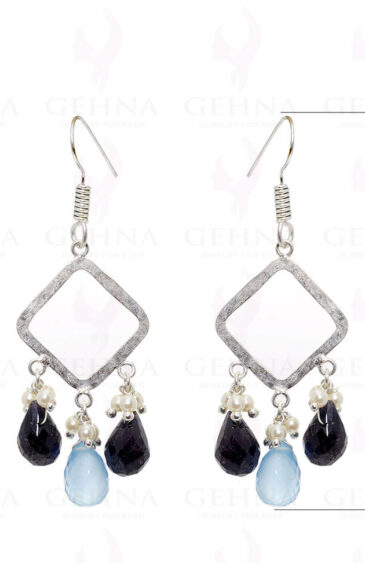 Black Spinel & Blue Chalcedony Faceted Drop Shaped Earring In .925 Silver ES-1559