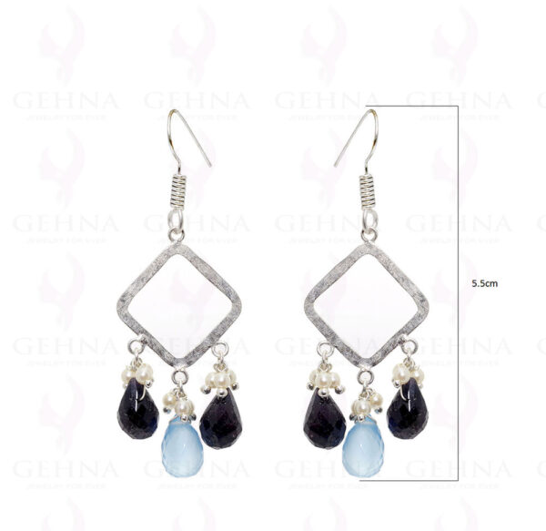 Black Spinel & Blue Chalcedony Faceted Drop Shaped Earring In .925 Silver ES-1559