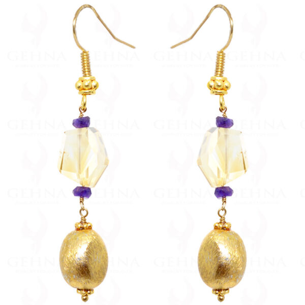 Citrine & Amethyst Gemstone With Golden Bead Earrings In .925 Silver ES-1569