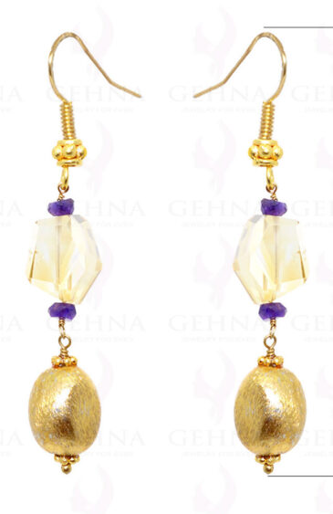 Citrine & Amethyst Gemstone With Golden Bead Earrings In .925 Silver ES-1569