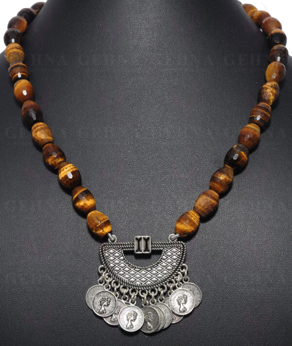 Tiger Eye Gemstone Dholki Shaped Necklace With Tribal Pendant NS-1570