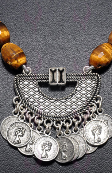 Tiger Eye Gemstone Dholki Shaped Necklace With Tribal Pendant NS-1570