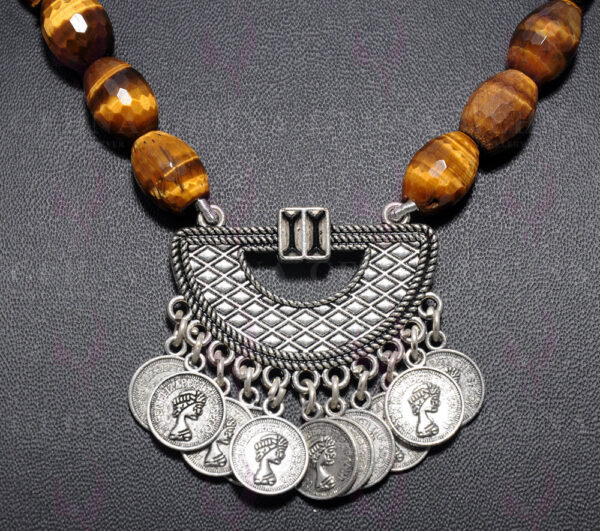 Tiger Eye Gemstone Dholki Shaped Necklace With Tribal Pendant NS-1570
