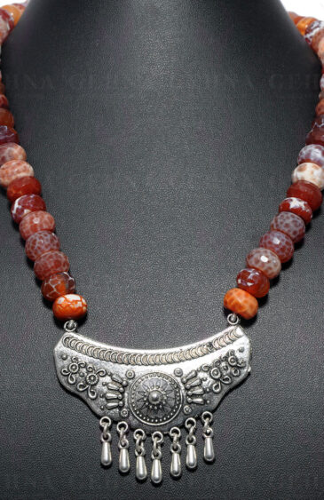 Orange Quartz Gemstone Faceted Bead Necklace With Tribal Pendant NS-1571