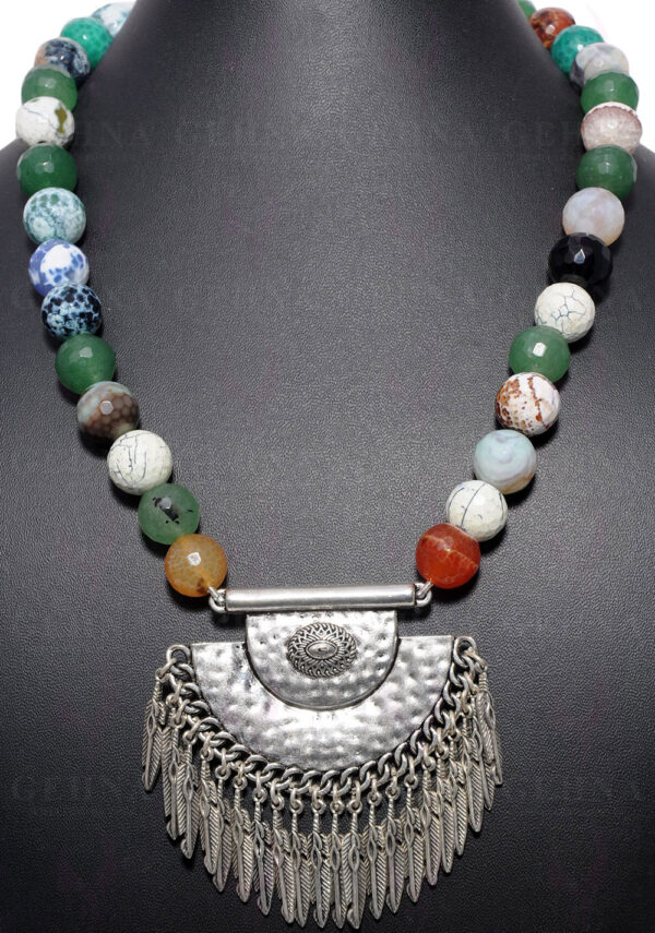 Multi Color Agate Gemstone Faceted Bead Necklace With Tribal Pendant NS-1572