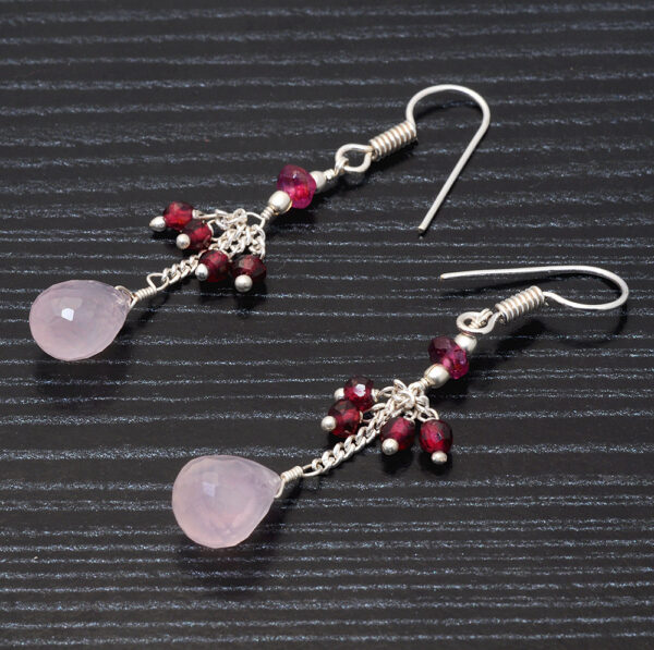 Garnet & Rose Quartz Twisted Drop Bead Earrings In.925 Sterling Silver ES-1639