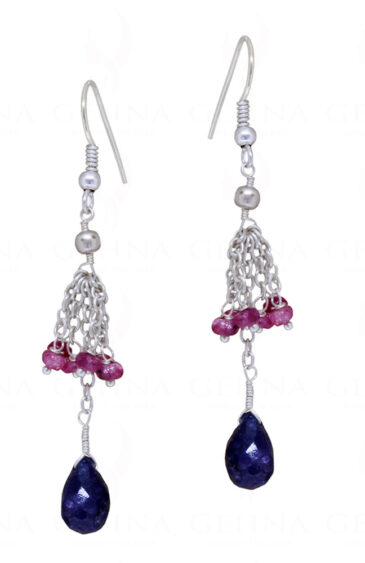 Blue Sapphire & Garnet Gemstone Bead Earring In.925 Sterling Silver ES-1641