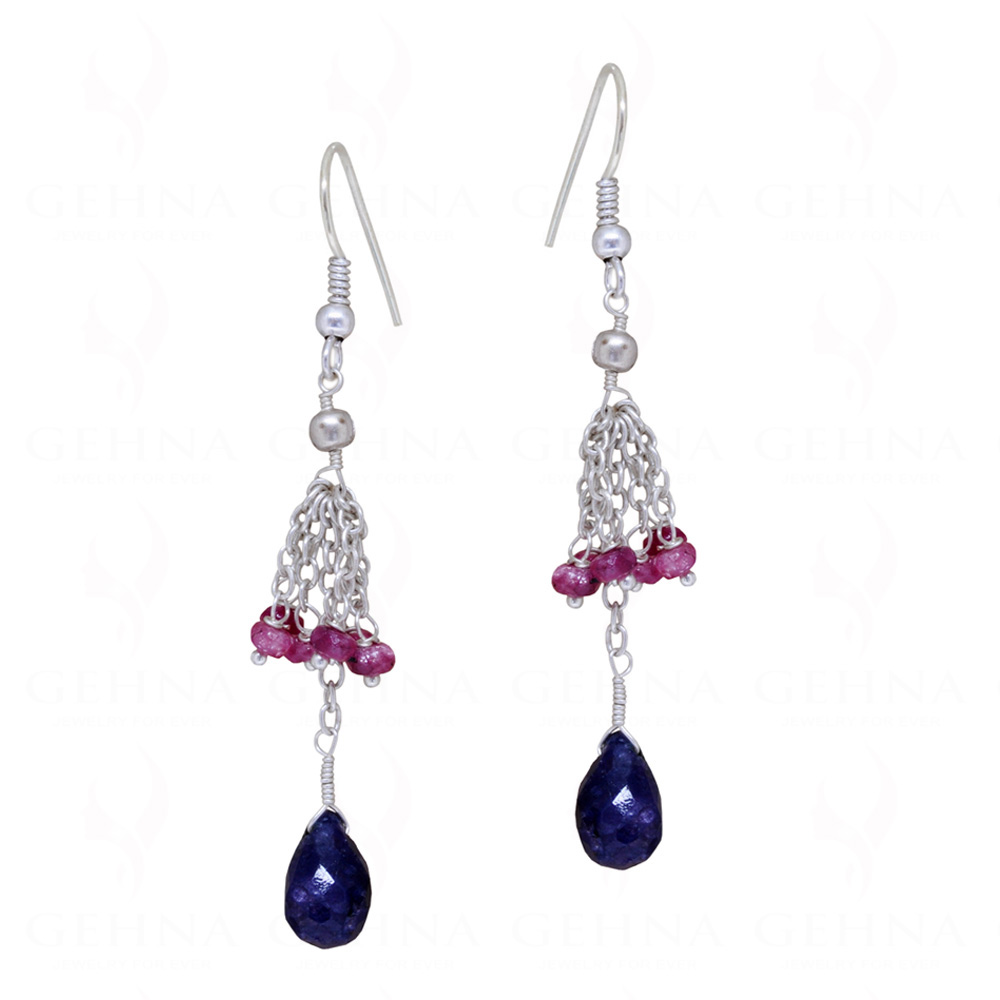 Blue Sapphire & Garnet Gemstone Bead Earring In.925 Sterling Silver ES-1641