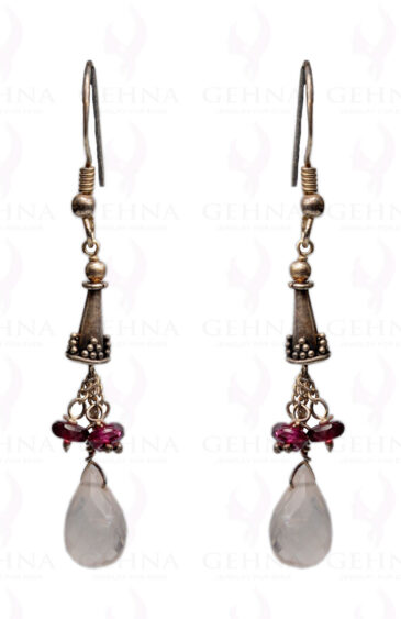 Rose Quartz & Garnet Gemstone Bead Earrings In.925 Sterling Silver ES-1642